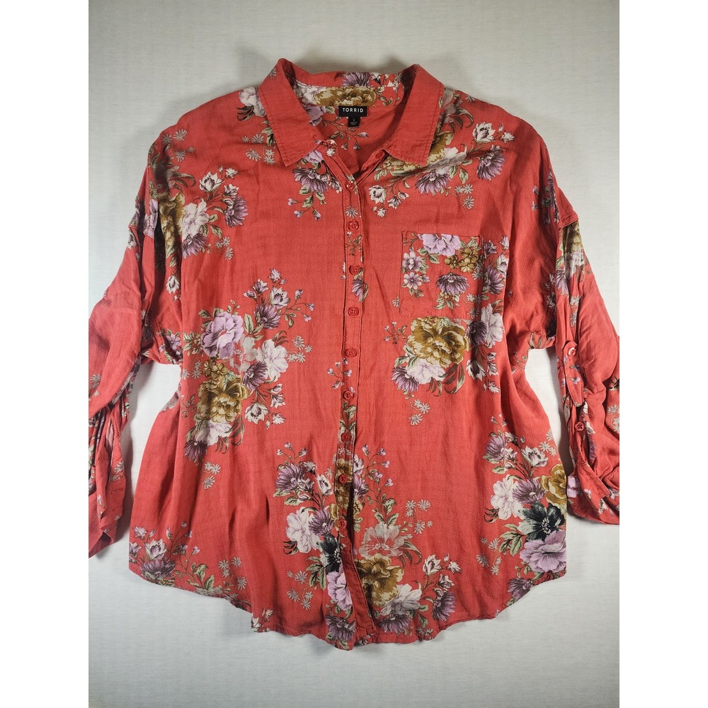 Torrid Floral Button Front Blouse Coral Orange Rayon Roll Tab Sleeve Size 1n